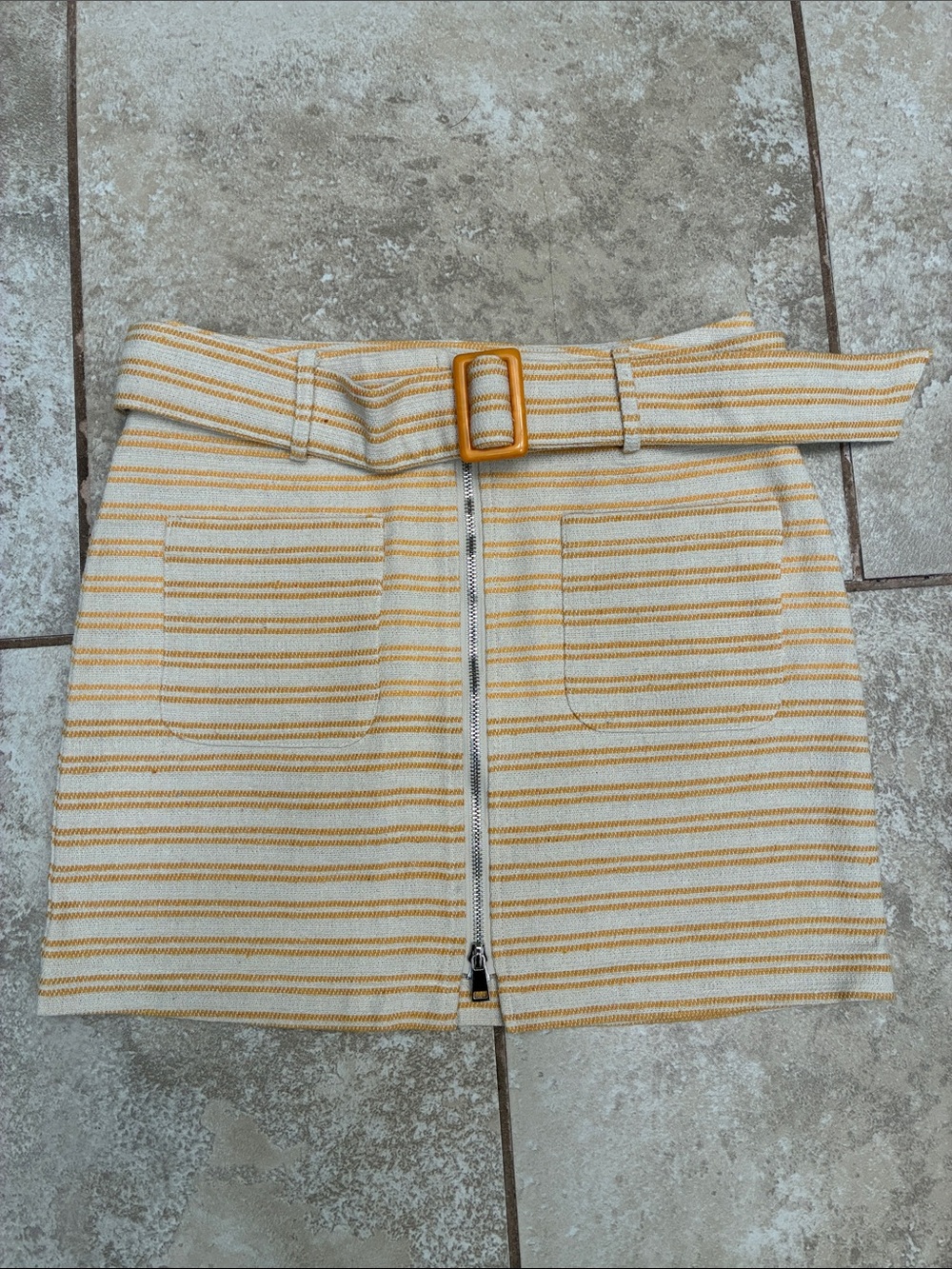Moon River Cream & Yellow Striped Belted Mini Skirt